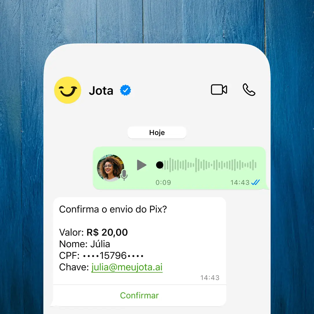 Conversa no WhatsApp com o Jota mostrando funcionalidades da conta