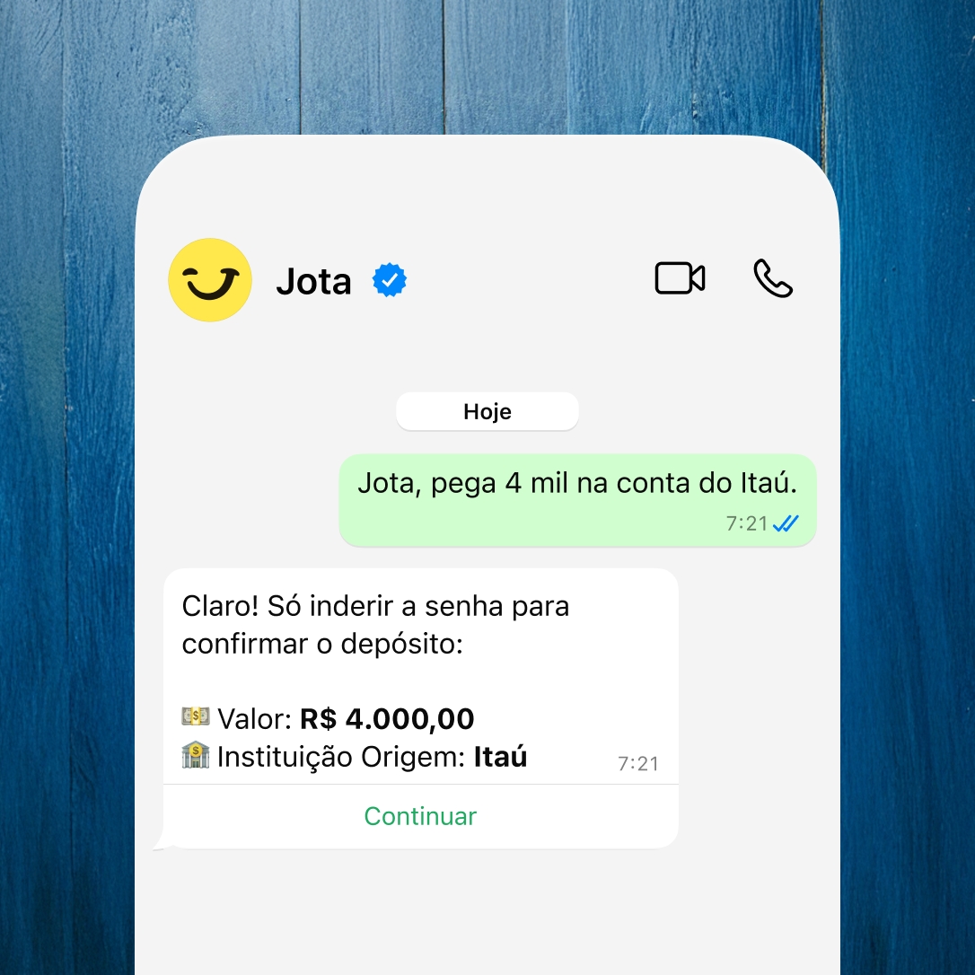 Cliente depositando dinheiro no Jota via Pix ou Open Finance para começar a render 100% do CDI automaticamente