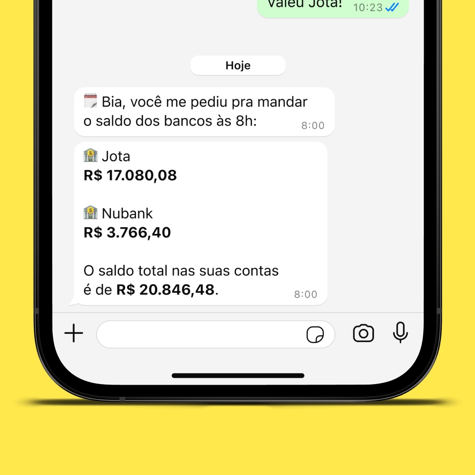 Jota tarefas agendando lembretes para mandar o saldo de todos os bancos as 8h da manhã para o cliente no WhatsApp