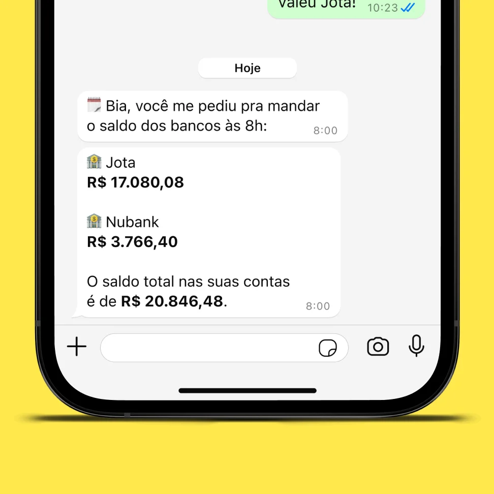 Jota tarefas agendando lembretes para mandar o saldo de todos os bancos as 8h da manhã para o cliente no WhatsApp