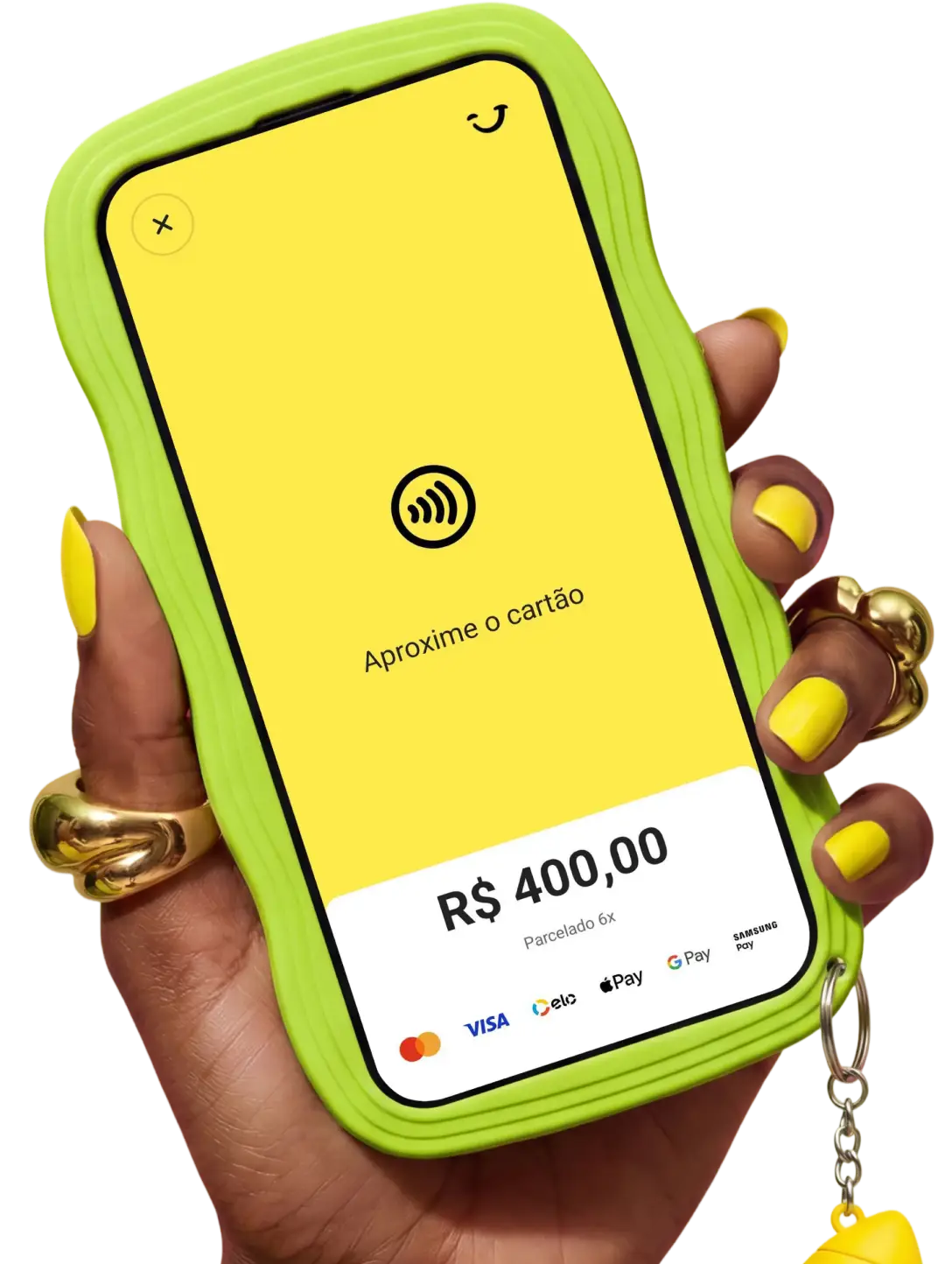 Mão segurando o celular com a oferta de taxa zero no Fala Tap