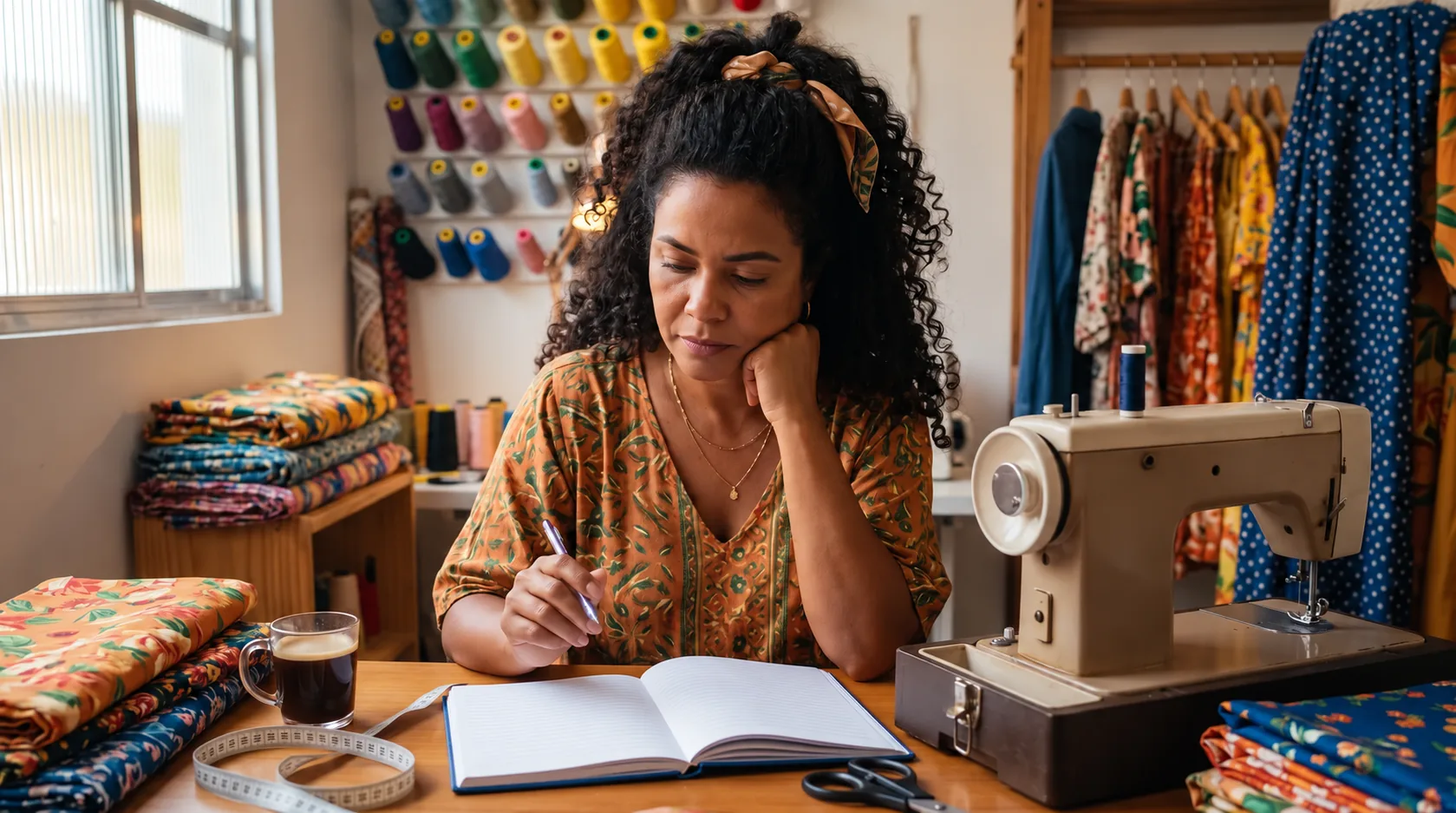 Mulher empreendedora com caderno aberto em um ateliê de costura.
