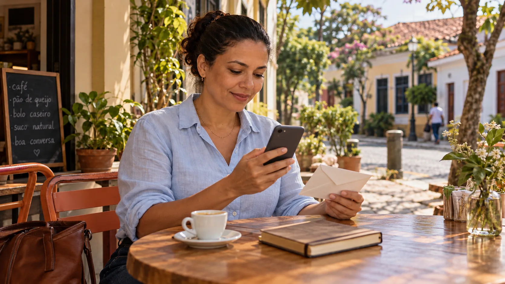Mulher consulta o celular e um envelope durante uma pausa em um café.