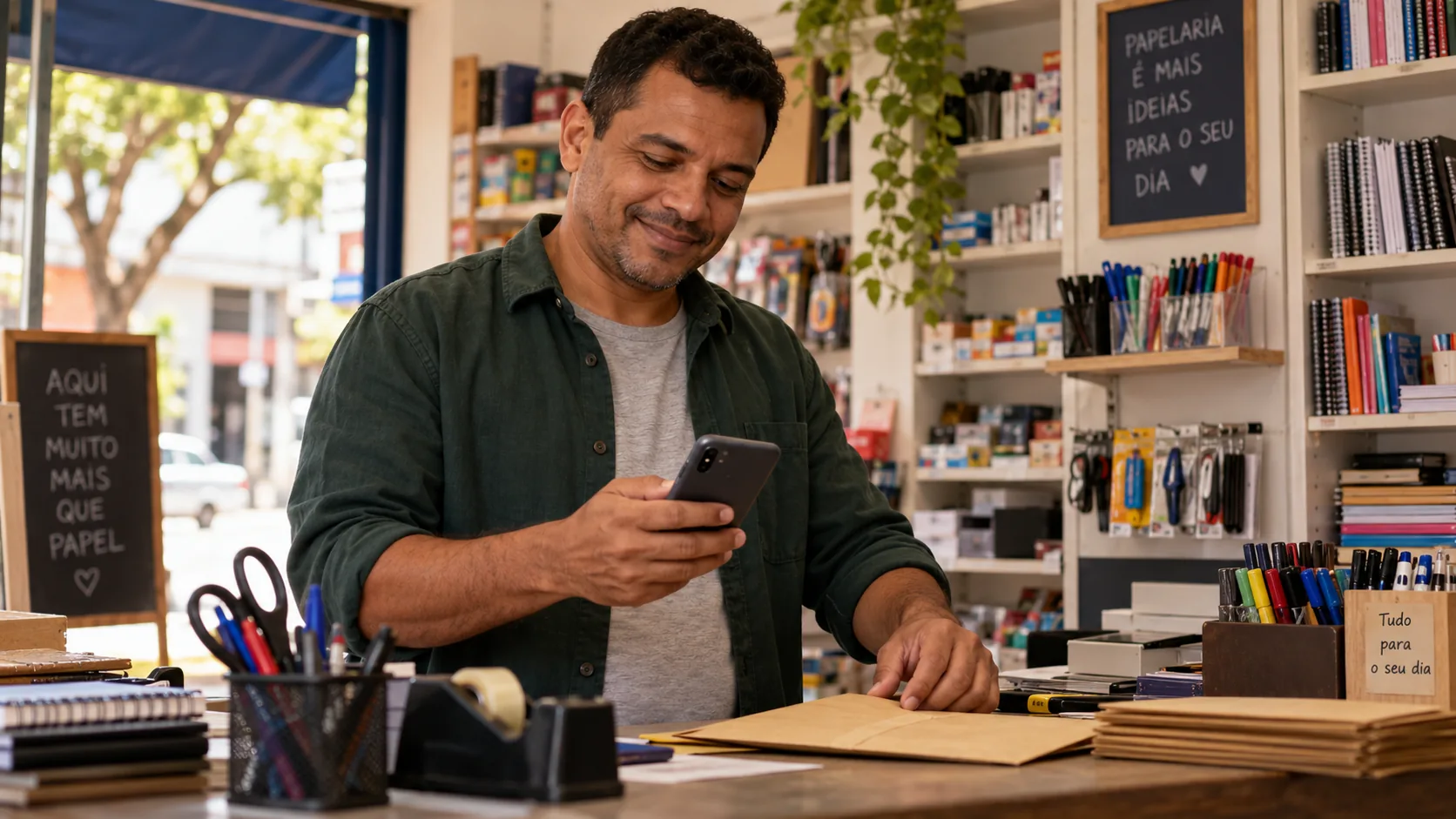 Comerciante consulta o celular no balcão de uma papelaria.