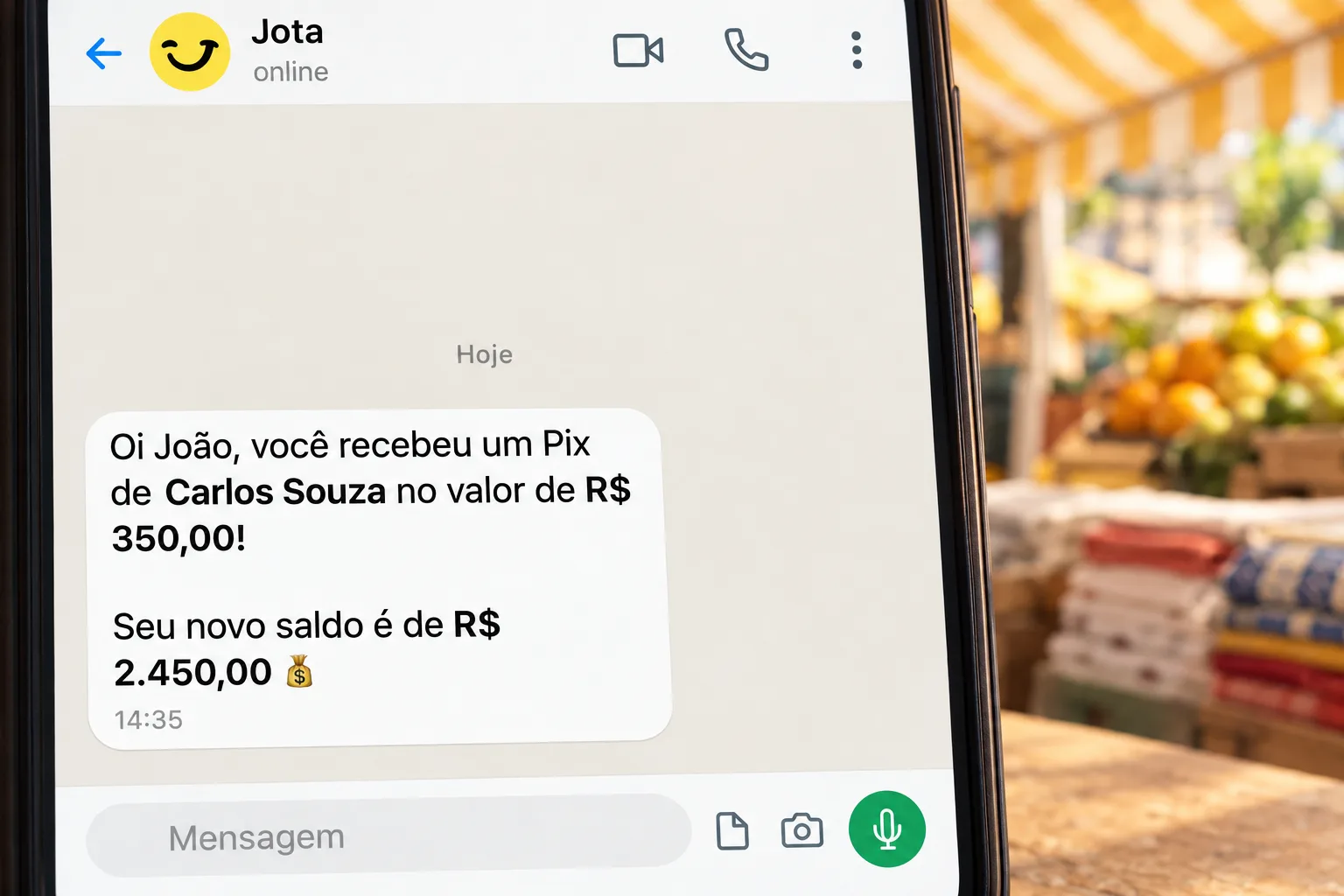 Tela do WhatsApp mostrando confirmação de Pix recebido de Carlos Souza no valor de R$ 350,00 e saldo atualizado.