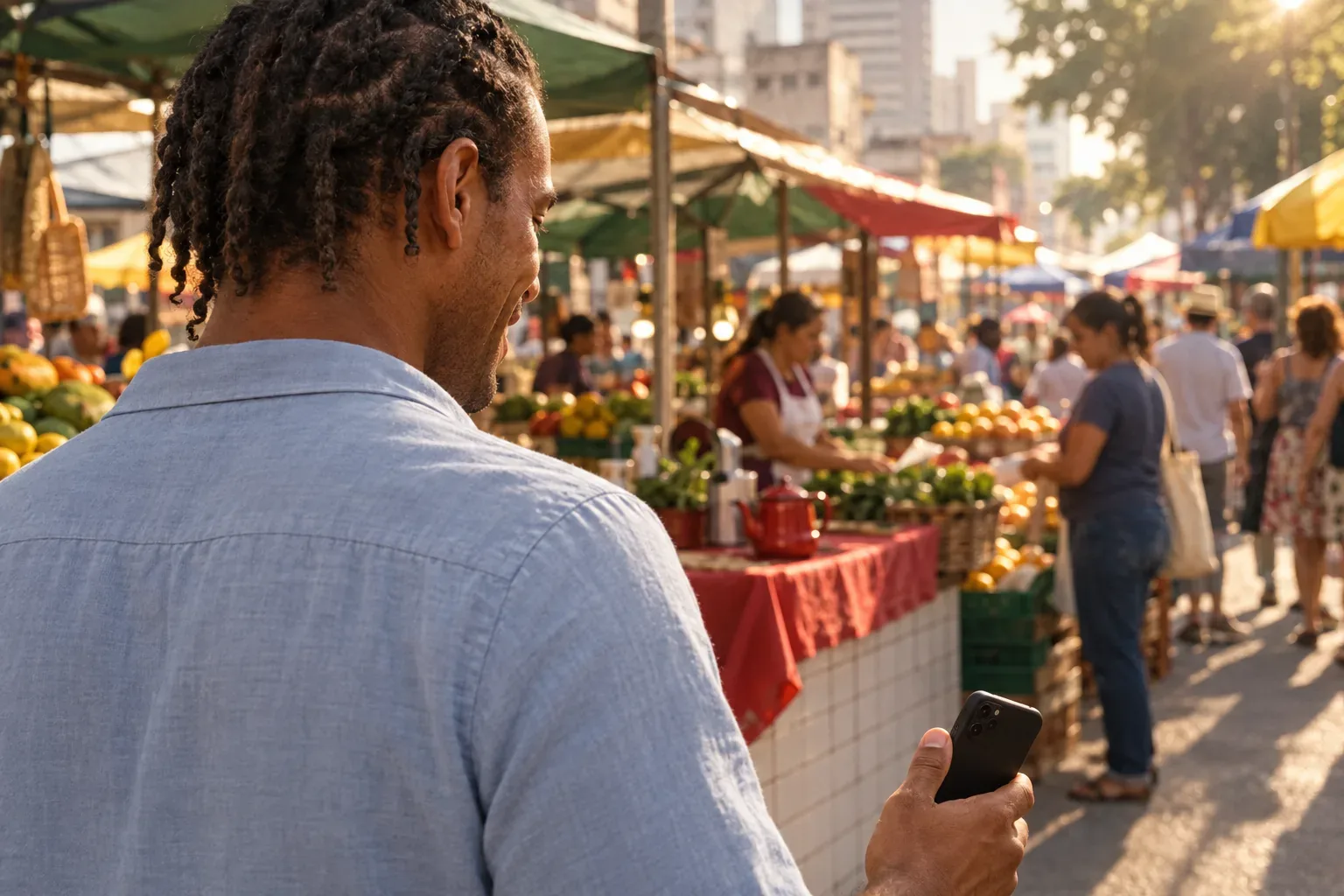 Homem visto de costas segurando celular em uma feira de rua.