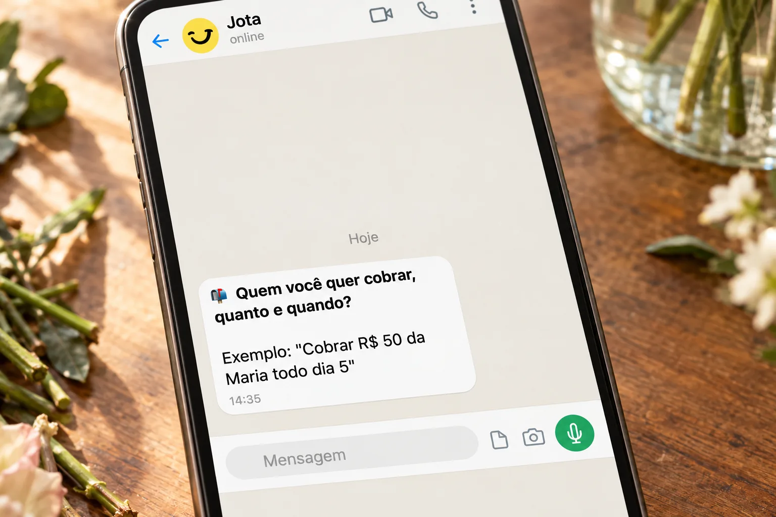 Tela do WhatsApp com o assistente Jota exibindo mensagem para criar cobrança com exemplo de instrução.