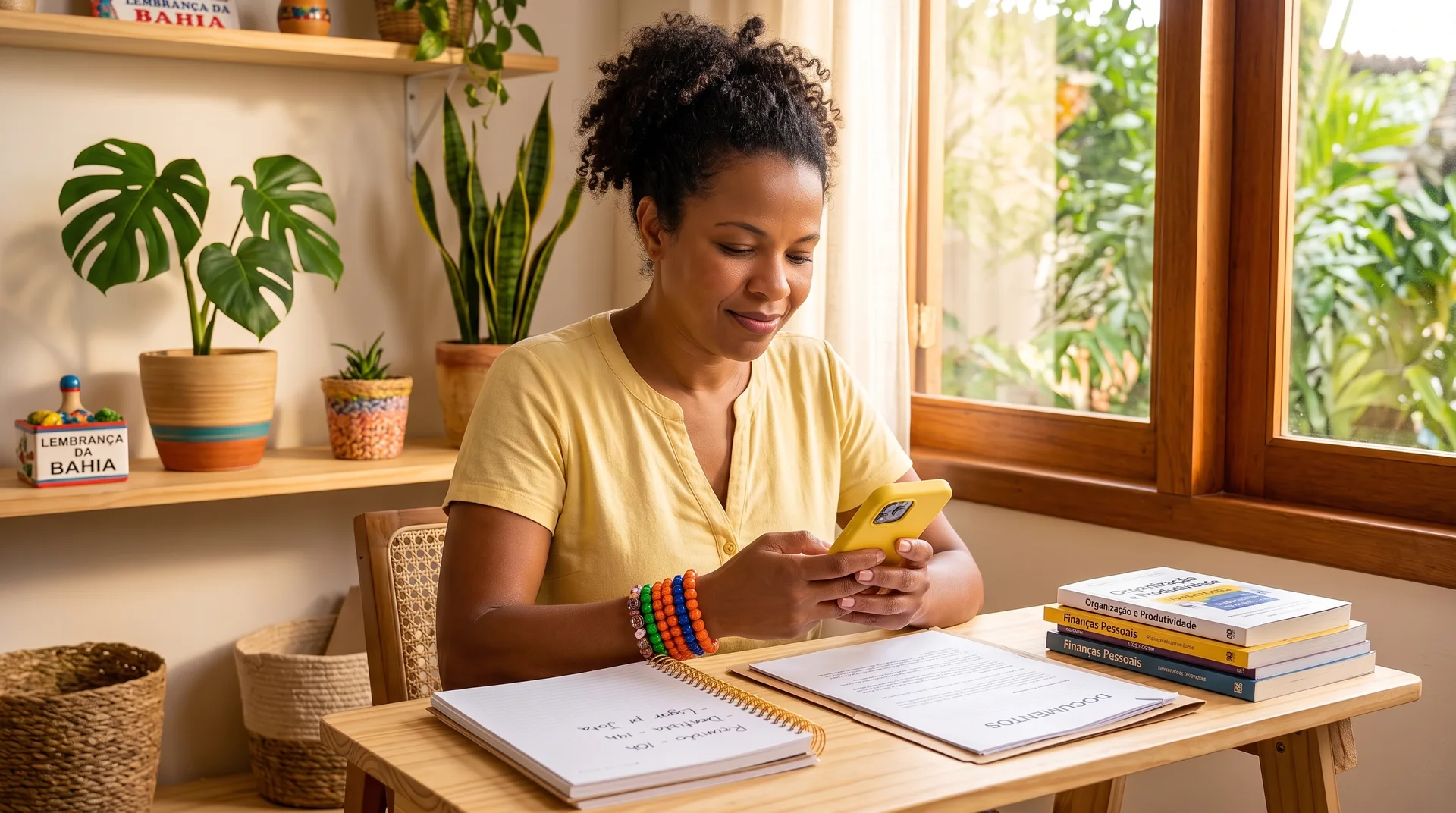 Mulher autônoma brasileira gerenciando sua agenda pelo WhatsApp com celular na mão
