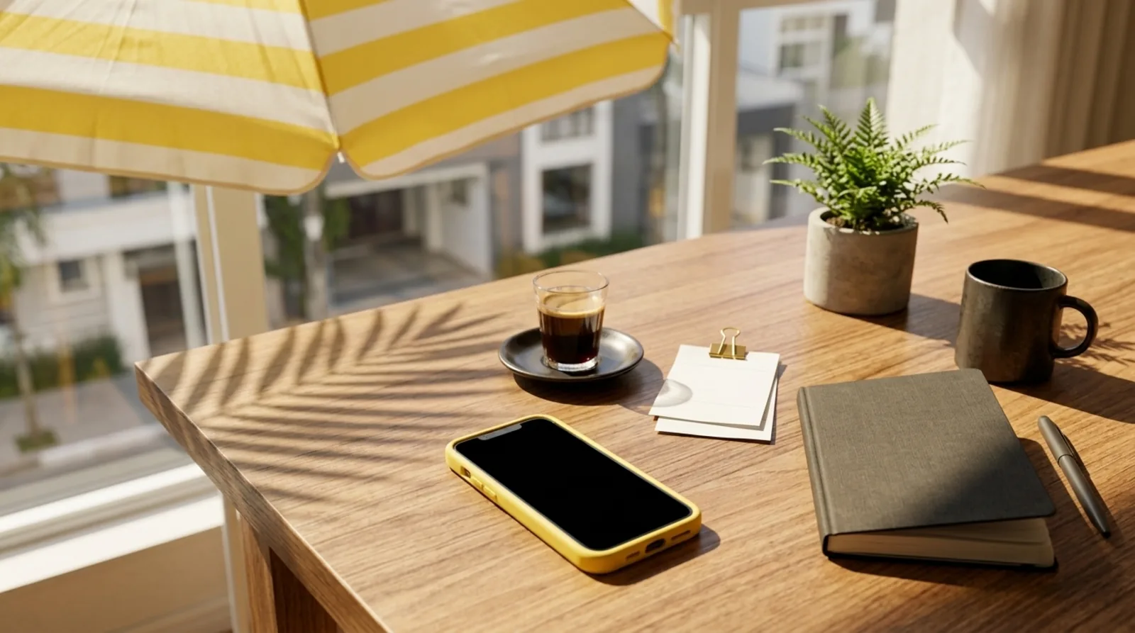 Mesa de trabalho ao sol, com celular de capa amarela, cafezinho, recibos presos com clipe e caderno, sob um guarda-sol listrado de amarelo