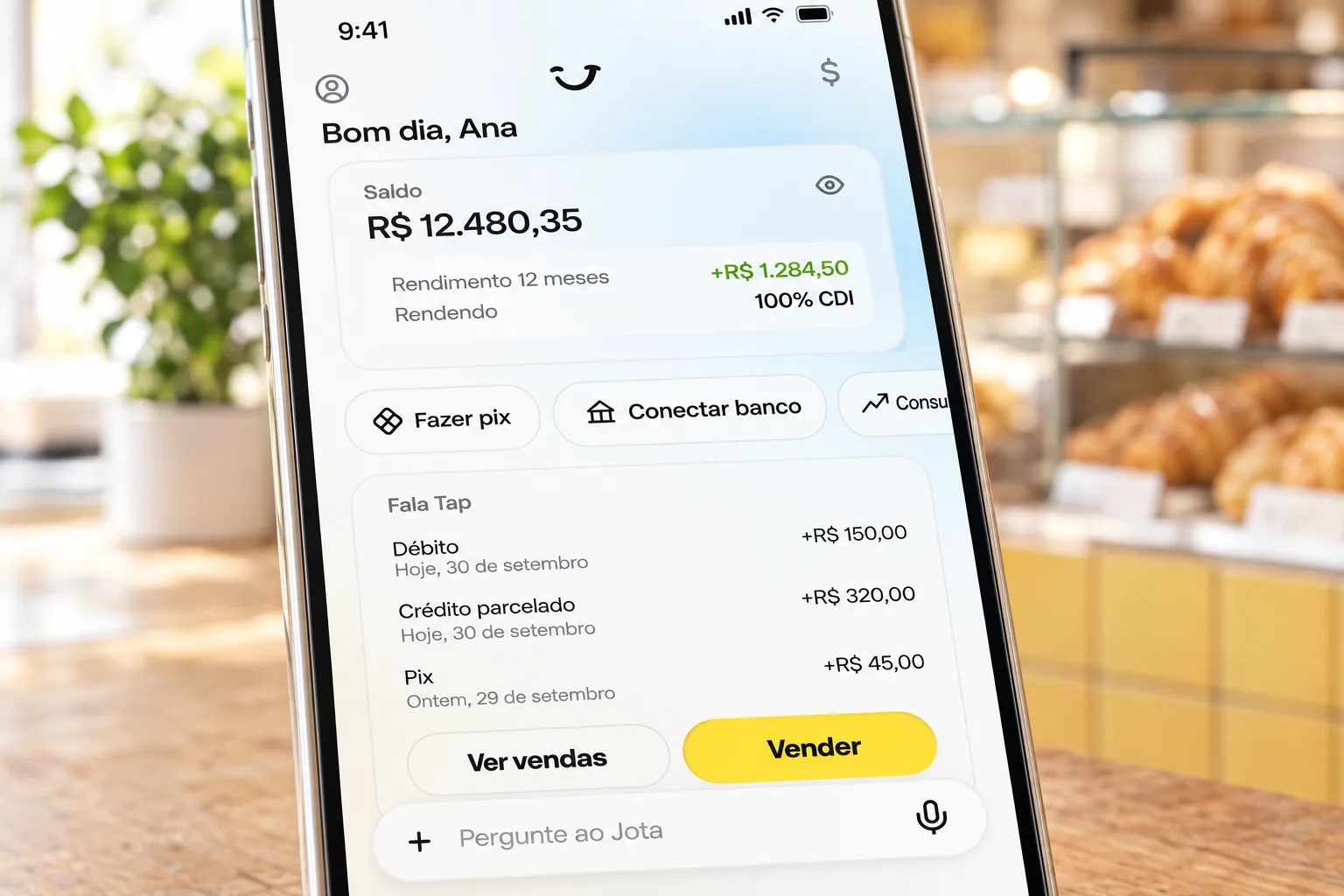 Tela do app Jota mostrando saldo, rendimento e botão Conectar banco na tela inicial