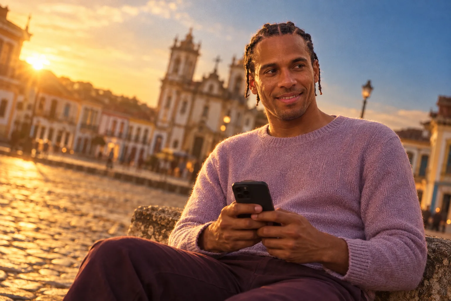 Homem sentado em praça colonial ao entardecer, segurando celular.