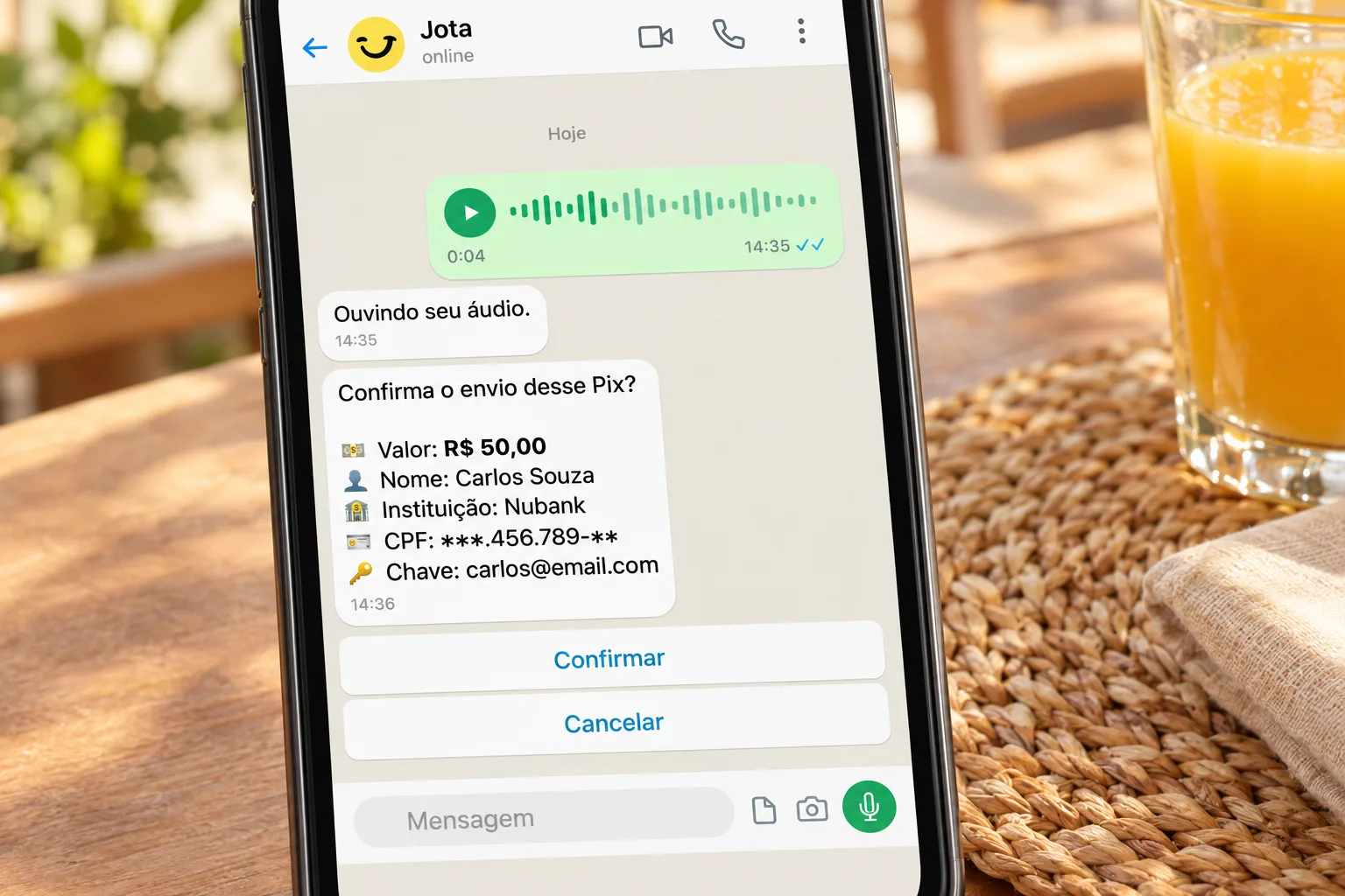 Tela do WhatsApp com o Jota exibindo áudio de 4 segundos e confirmação de Pix para Carlos Souza no valor de R$ 50,00