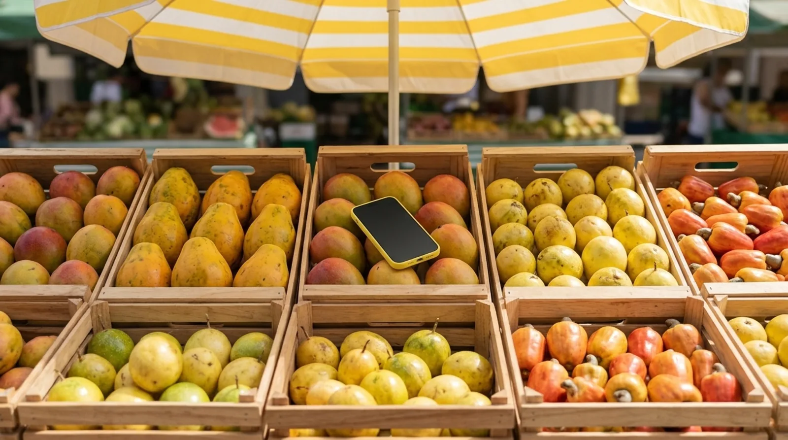 Banca de feira livre sob guarda-sol listrado de amarelo, com caixotes de manga, mamão e caju e um celular de capa amarela sobre as frutas