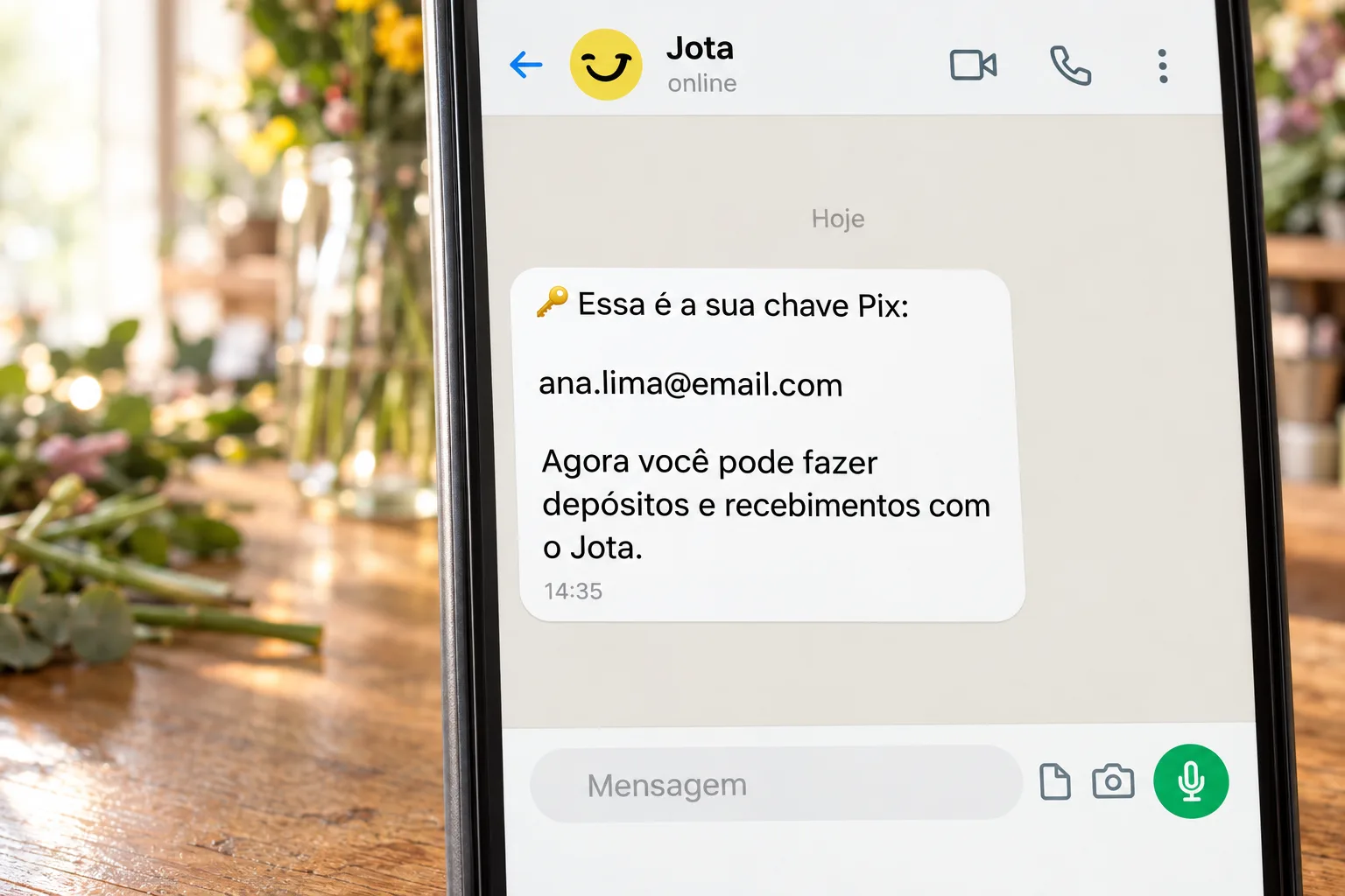 Tela do Jota no WhatsApp confirmando criação de chave Pix com e-mail e instrução para depósitos e recebimentos.