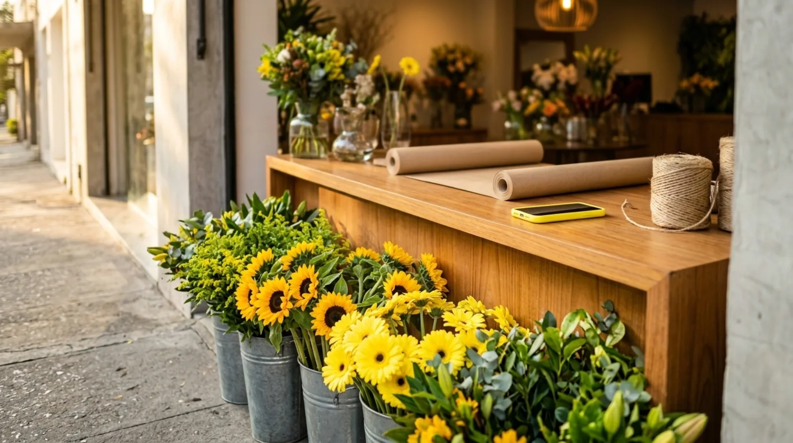Floricultura de bairro com baldes de girassóis na calçada e um celular de capa amarela sobre o balcão, ao lado de papel kraft e barbante