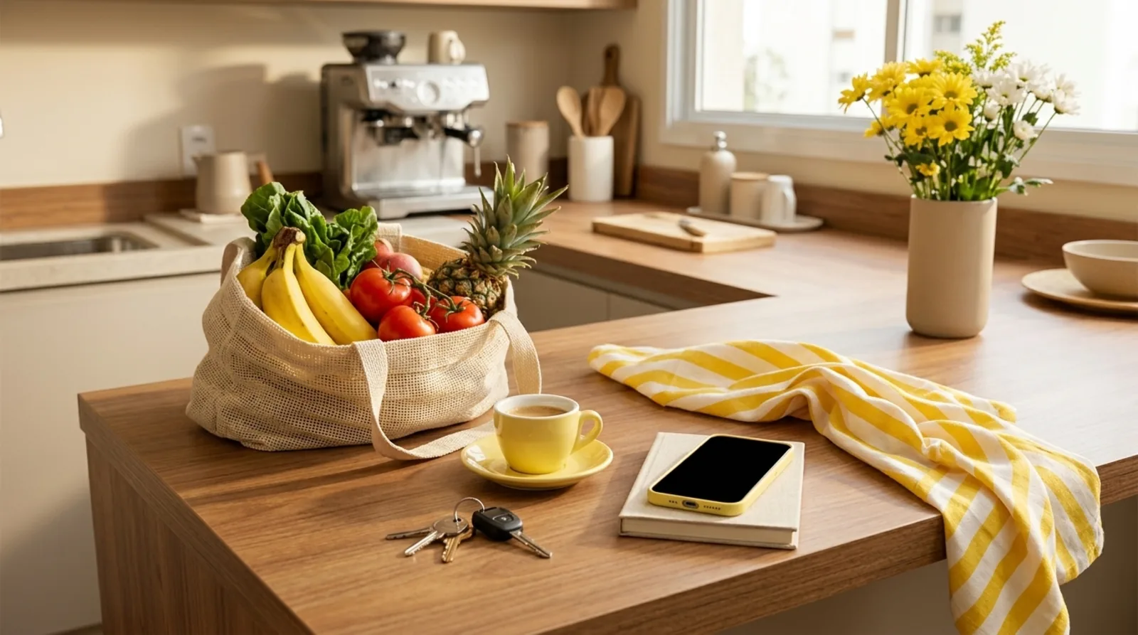 Bancada de cozinha ao sol com sacola de feira cheia de frutas e verduras, cafezinho em xícara amarela, chaves de casa e do carro, celular de capa amarela e pano de prato listrado