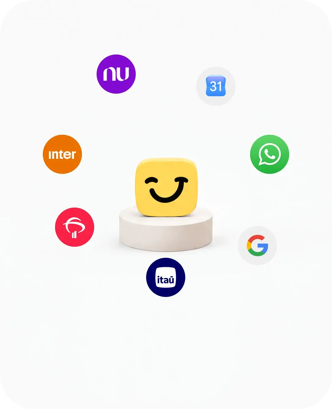 Jota no centro, ligado a Nubank, Inter, Bradesco, Itaú, Google, Google Agenda e WhatsApp