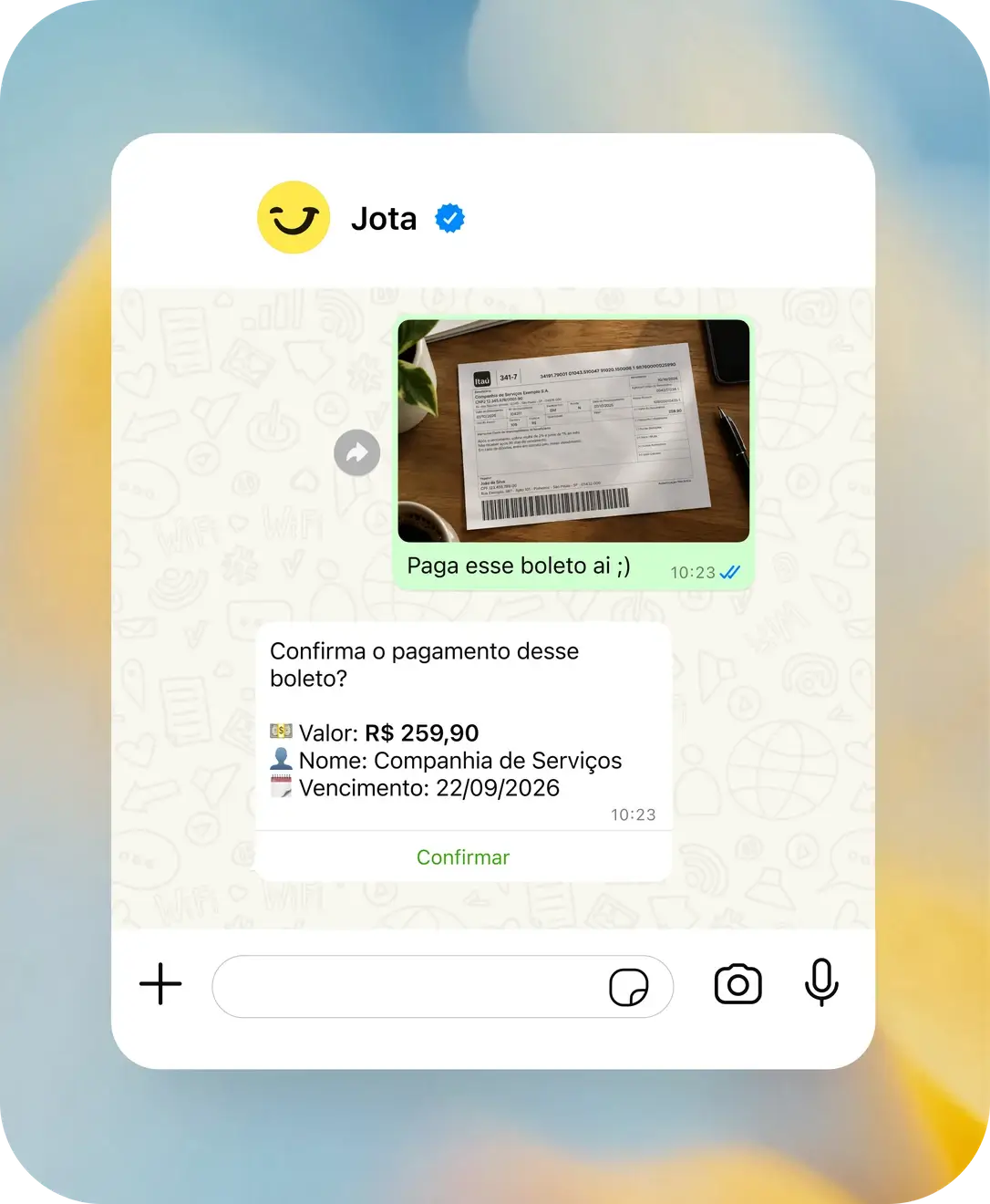 Conversa no WhatsApp: foto de um boleto e o Jota pedindo confirmação do pagamento de R$ 259,90
