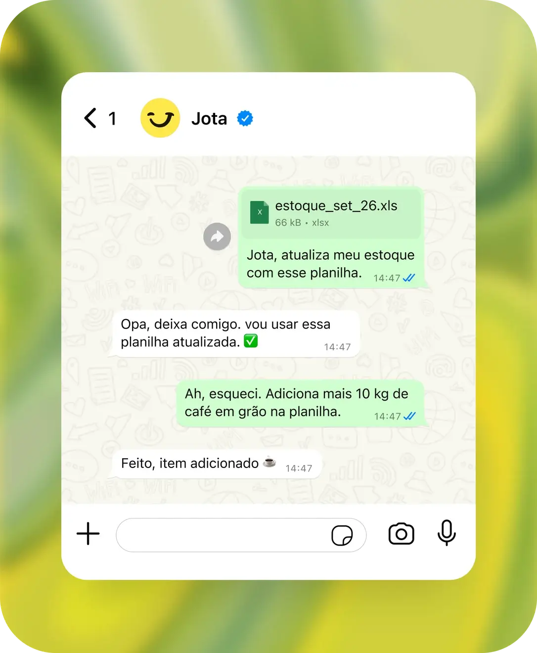 Conversa no WhatsApp: o Jota atualiza a planilha de estoque e adiciona 10 kg de café