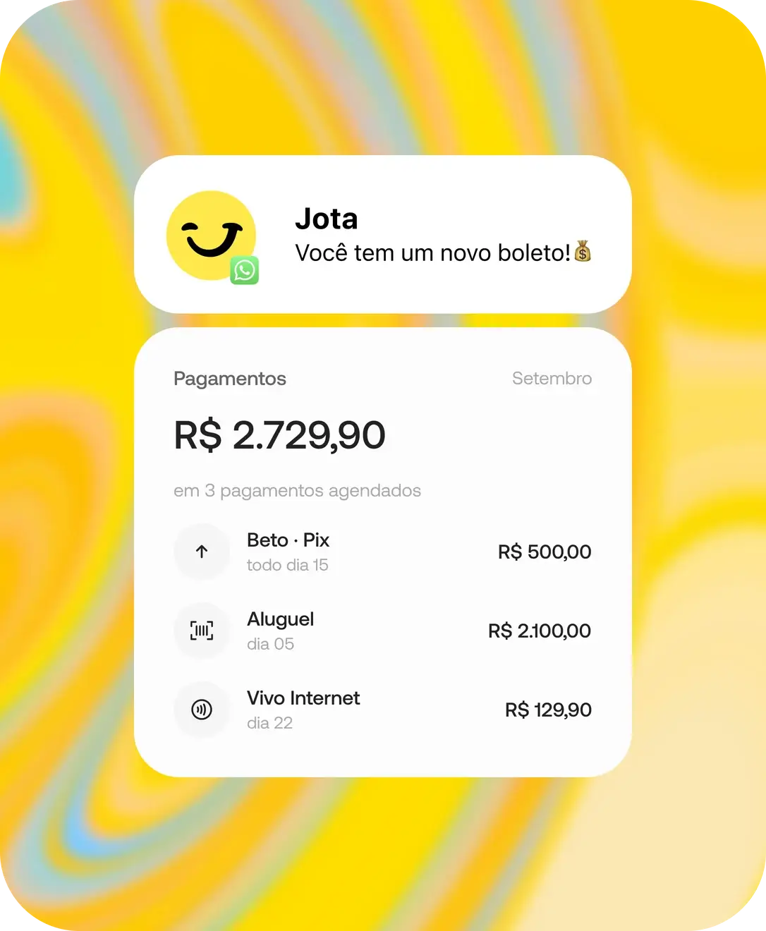 Aviso de boleto novo e R$ 2.729,90 em 3 pagamentos agendados