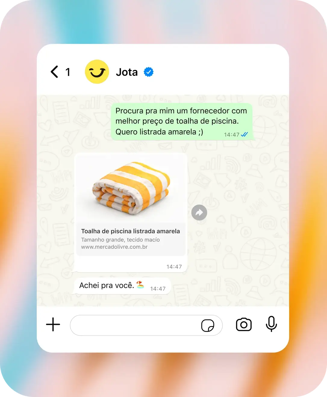 Conversa no WhatsApp: o Jota acha uma toalha de piscina listrada amarela no Mercado Livre