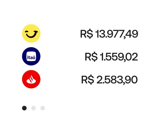 Saldos: Jota R$ 13.977,49, Itaú R$ 1.559,02, Santander R$ 2.583,90