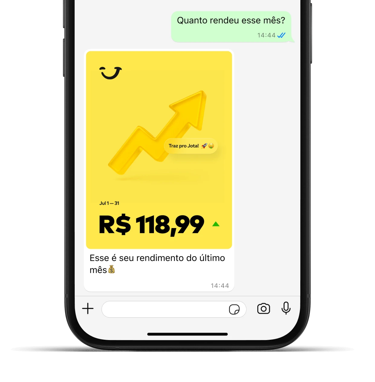 Jota Rende+ mostrando o rendimento de 100% do CDI aplicado automaticamente sobre o saldo da conta no WhatsApp